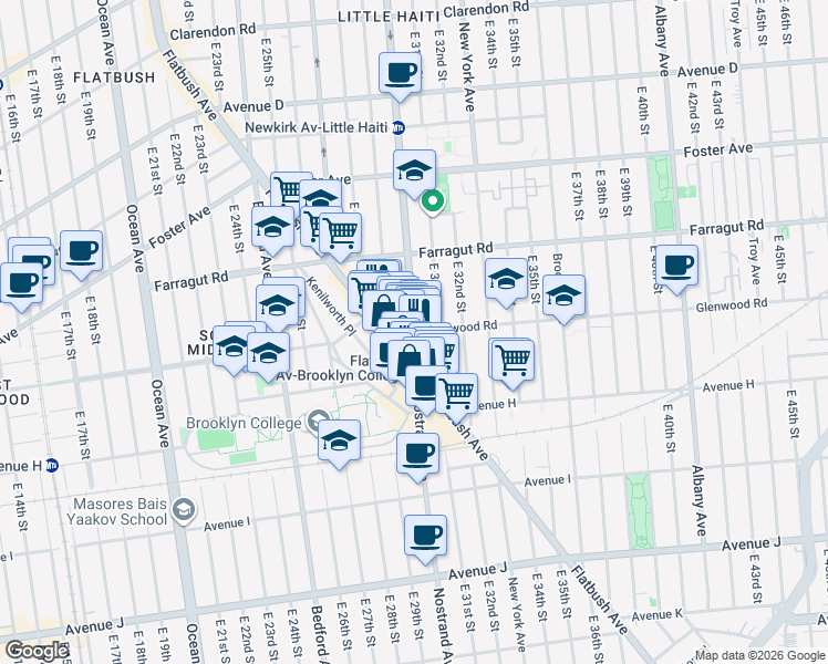 map of restaurants, bars, coffee shops, grocery stores, and more near Nostrand Avenue & Glenwood Road in Brooklyn
