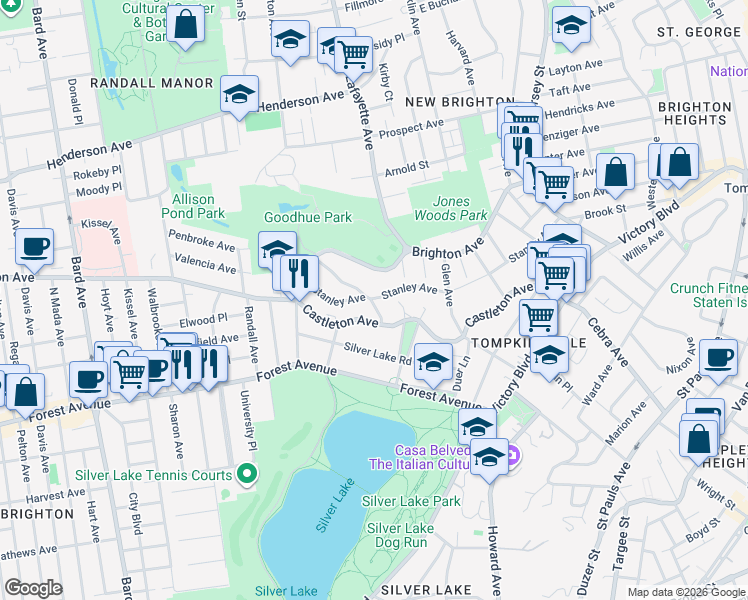 map of restaurants, bars, coffee shops, grocery stores, and more near 349 Castleton Avenue in Staten Island