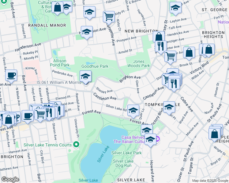 map of restaurants, bars, coffee shops, grocery stores, and more near 349 Castleton Avenue in Staten Island