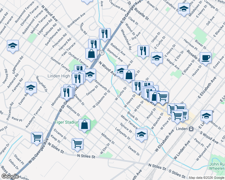 map of restaurants, bars, coffee shops, grocery stores, and more near 717 Ainsworth Street in Linden