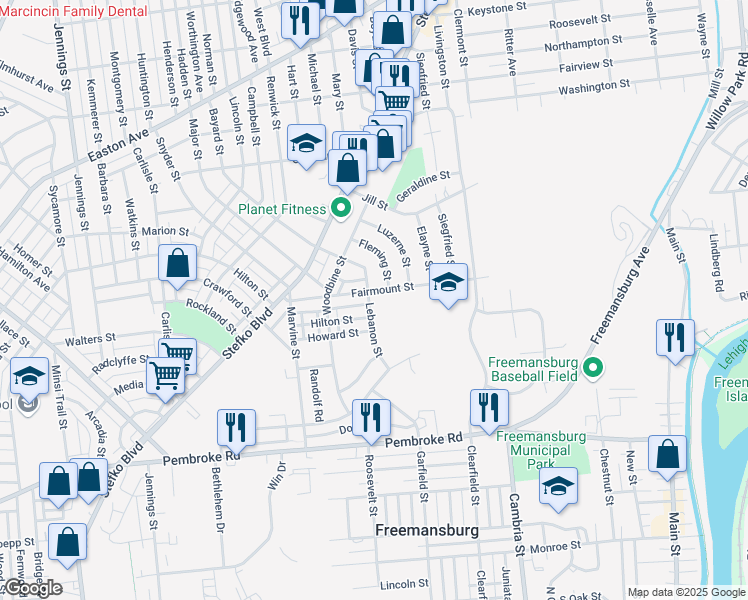 map of restaurants, bars, coffee shops, grocery stores, and more near 1405 Lebanon Street in Bethlehem