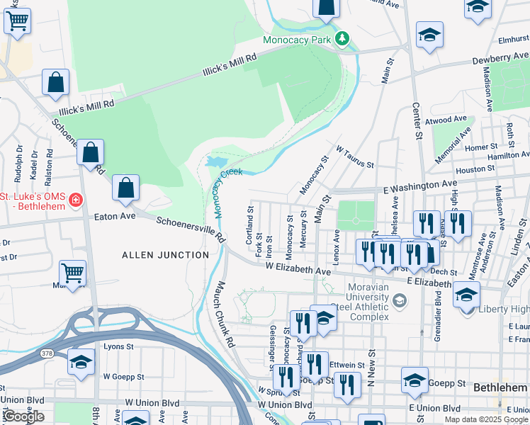 map of restaurants, bars, coffee shops, grocery stores, and more near 1447 Geissinger Street in Bethlehem