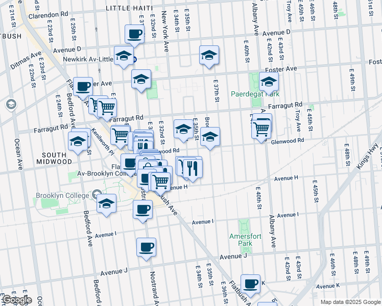 map of restaurants, bars, coffee shops, grocery stores, and more near 930 East 34th Street in Brooklyn