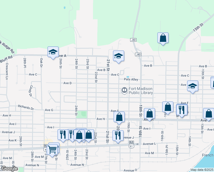map of restaurants, bars, coffee shops, grocery stores, and more near 452-498 21st Street in Fort Madison