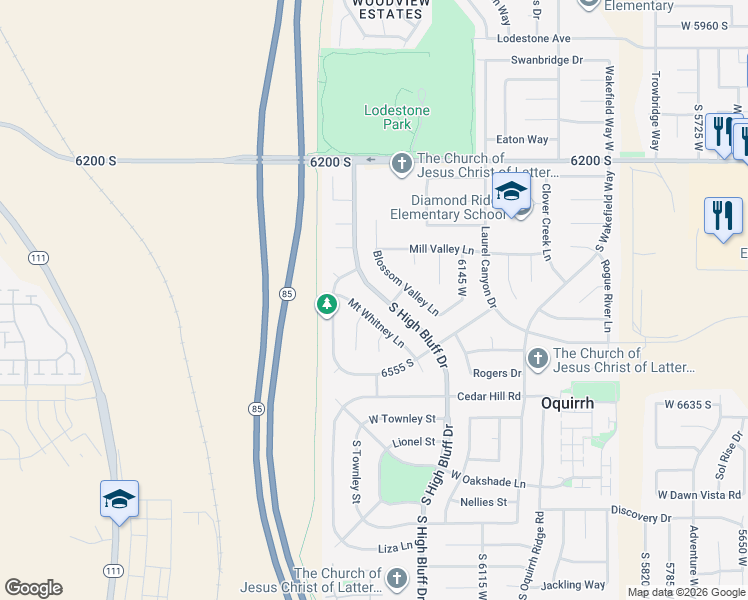 map of restaurants, bars, coffee shops, grocery stores, and more near 6432 South High Bluff Drive in West Valley City