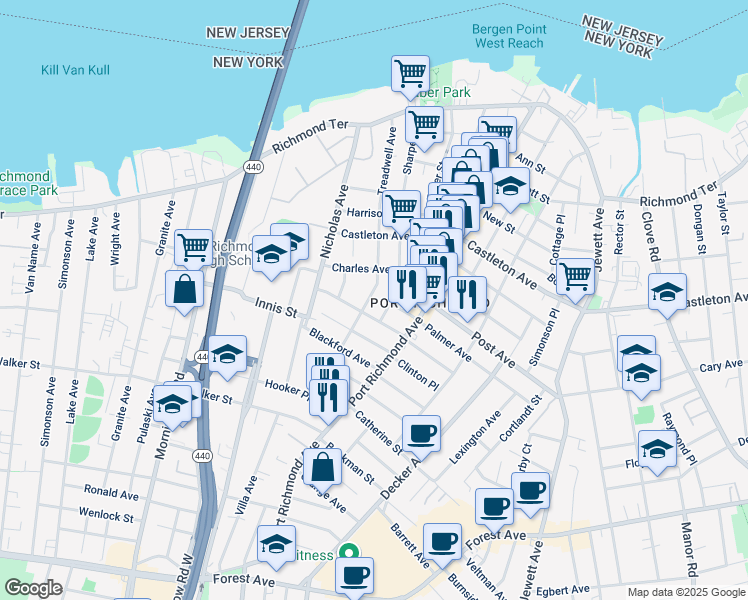 map of restaurants, bars, coffee shops, grocery stores, and more near 118 Hatfield Place in Staten Island