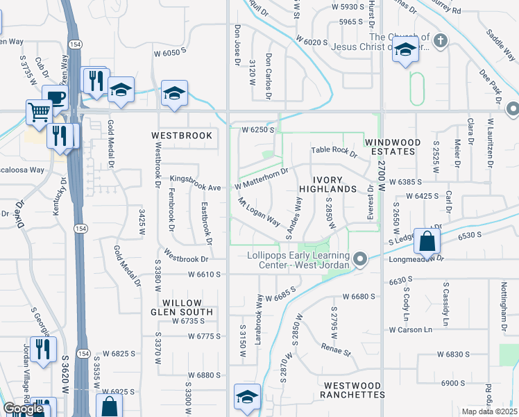 map of restaurants, bars, coffee shops, grocery stores, and more near 6453 Fremont Peak Circle in Taylorsville