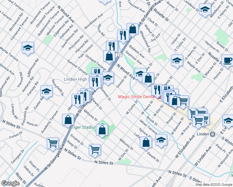 map of restaurants, bars, coffee shops, grocery stores, and more near 116 West Gibbons Street in Linden