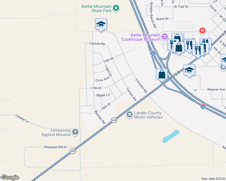 map of restaurants, bars, coffee shops, grocery stores, and more near 100 Congress Avenue in Battle Mountain