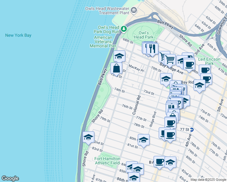map of restaurants, bars, coffee shops, grocery stores, and more near 7401 Shore Road in Brooklyn
