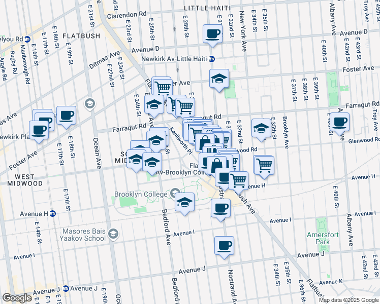 map of restaurants, bars, coffee shops, grocery stores, and more near Kenilworth Place in Brooklyn