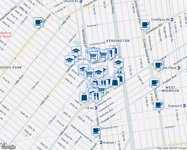 map of restaurants, bars, coffee shops, grocery stores, and more near 117 Avenue F in Brooklyn