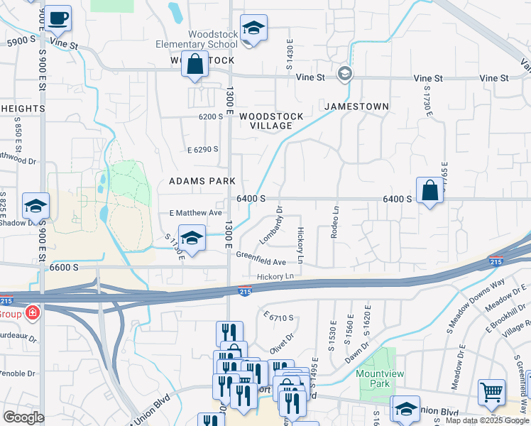 map of restaurants, bars, coffee shops, grocery stores, and more near 1379 East Sumac Way in Murray