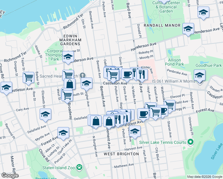map of restaurants, bars, coffee shops, grocery stores, and more near 355 Oakland Avenue in Staten Island