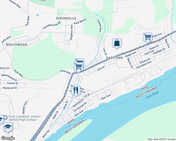 map of restaurants, bars, coffee shops, grocery stores, and more near 1155 Erie Street in East Liverpool