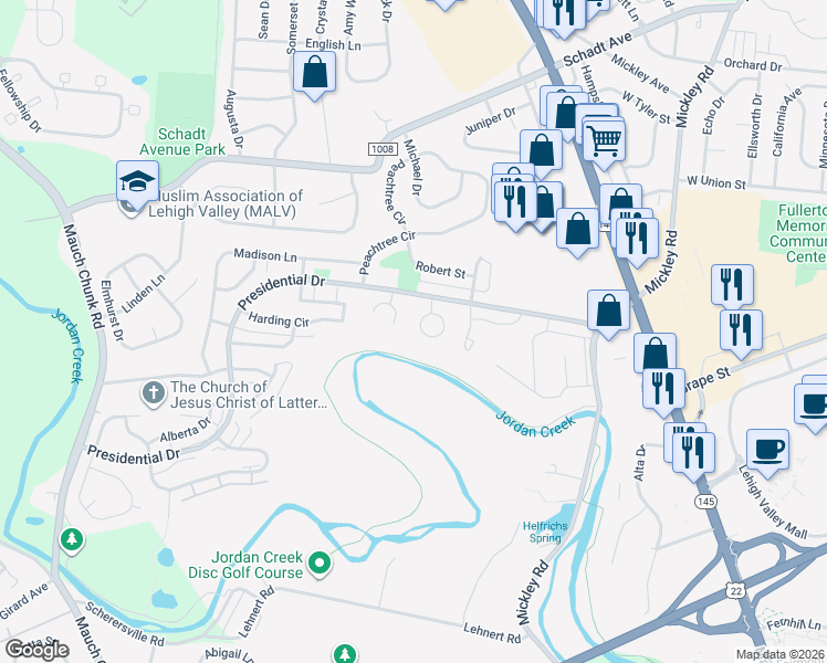 map of restaurants, bars, coffee shops, grocery stores, and more near 27 Eisenhower Circle in Fullerton