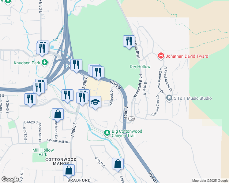 map of restaurants, bars, coffee shops, grocery stores, and more near 6440 Millrock Drive in Holladay