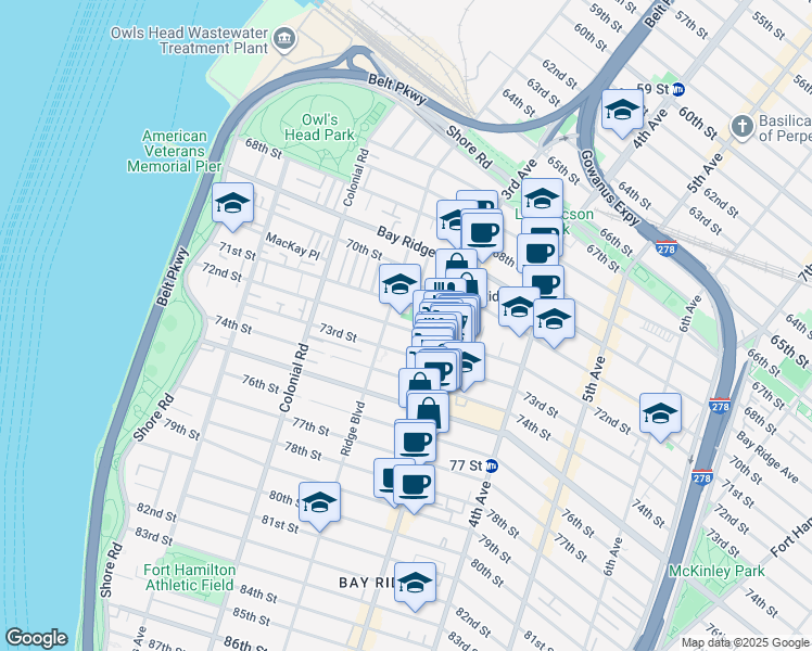 map of restaurants, bars, coffee shops, grocery stores, and more near 211 72nd Street in Brooklyn