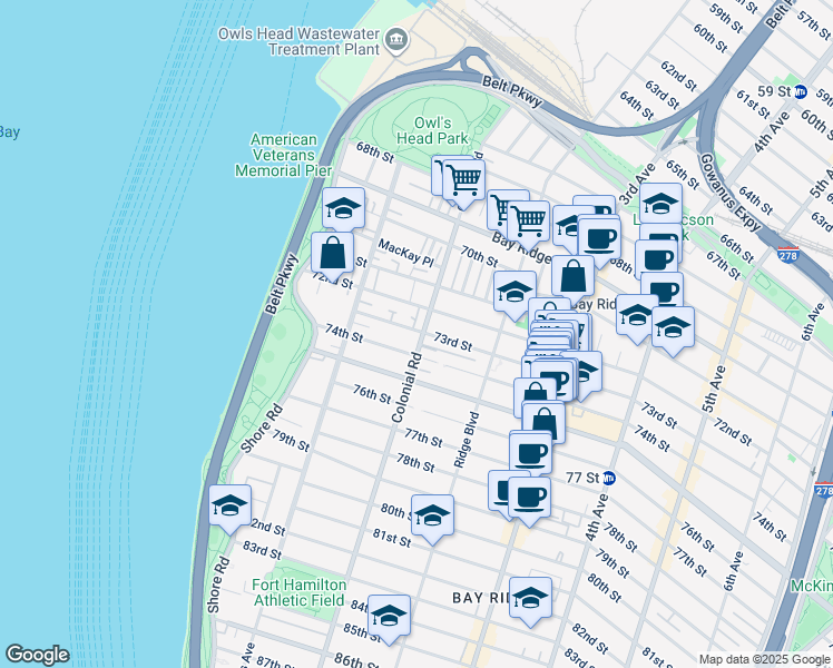 map of restaurants, bars, coffee shops, grocery stores, and more near 7302 Colonial Road in Brooklyn