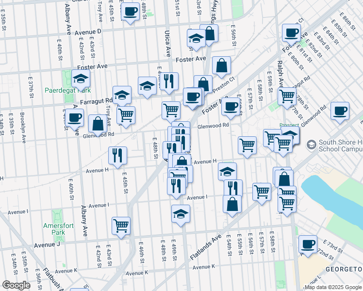 map of restaurants, bars, coffee shops, grocery stores, and more near 1130 East 51st Street in Brooklyn