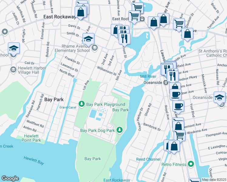 map of restaurants, bars, coffee shops, grocery stores, and more near 3 Marjorie Lane in East Rockaway
