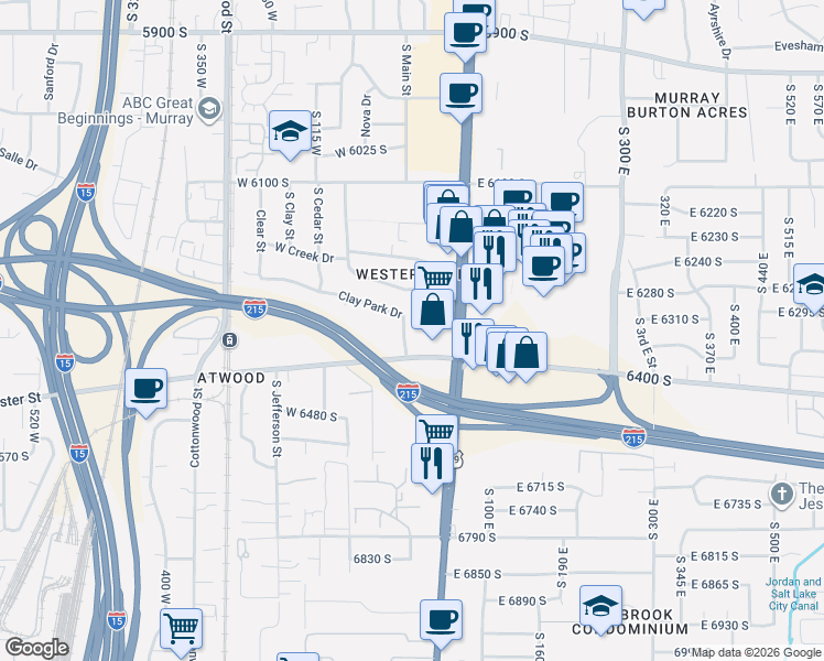 map of restaurants, bars, coffee shops, grocery stores, and more near 6357 Clay Park Drive in Salt Lake City