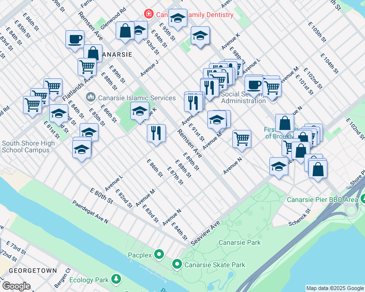 map of restaurants, bars, coffee shops, grocery stores, and more near 1255 East 88th Street in Brooklyn