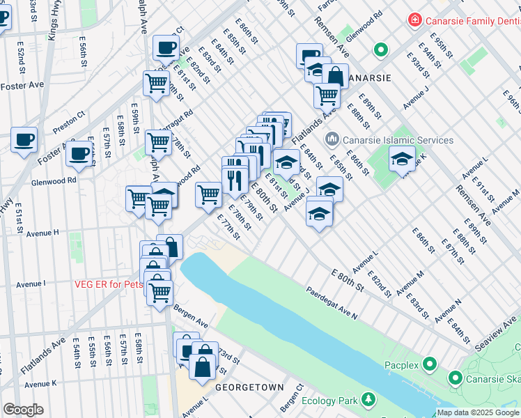 map of restaurants, bars, coffee shops, grocery stores, and more near 980 East 79th Street in Brooklyn