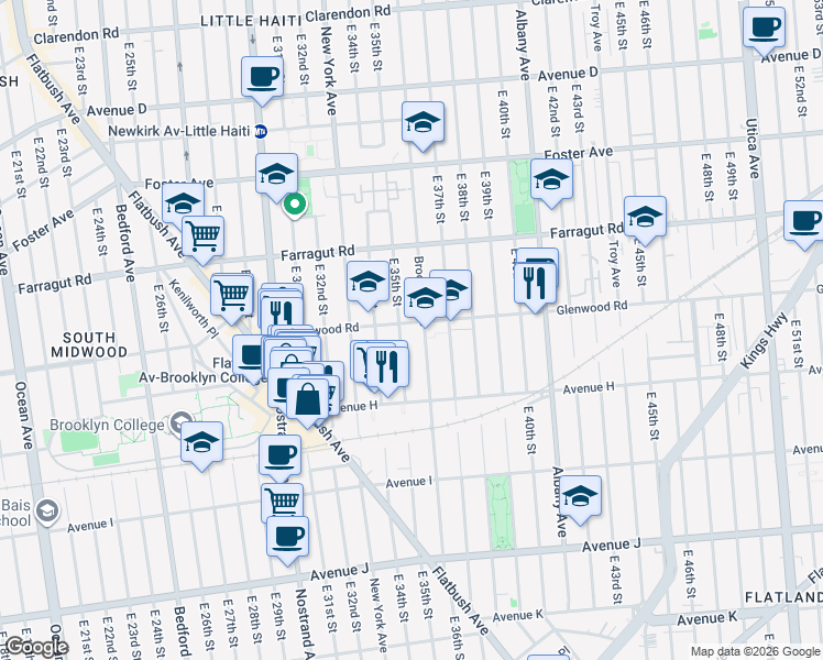 map of restaurants, bars, coffee shops, grocery stores, and more near 867 East 35th Street in Brooklyn