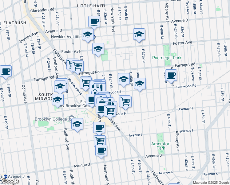 map of restaurants, bars, coffee shops, grocery stores, and more near Glenwood Road in Brooklyn