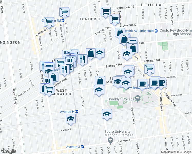 map of restaurants, bars, coffee shops, grocery stores, and more near 707 East 19th Street in Brooklyn