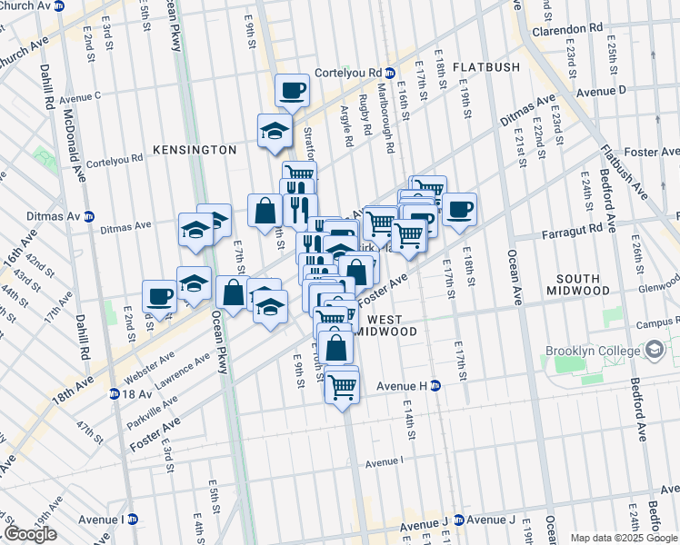 map of restaurants, bars, coffee shops, grocery stores, and more near 1002 Newkirk Avenue in Brooklyn