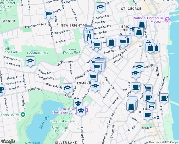 map of restaurants, bars, coffee shops, grocery stores, and more near 49 Oxford Place in Staten Island