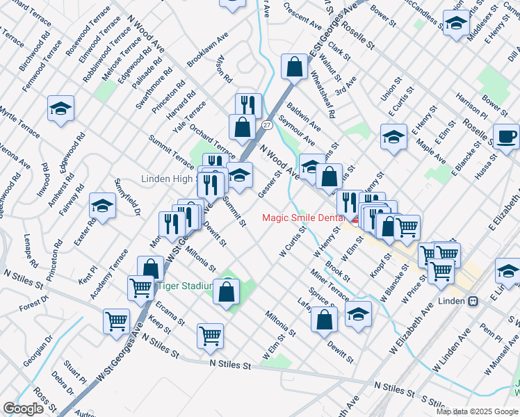 map of restaurants, bars, coffee shops, grocery stores, and more near 116 West Gibbons Street in Linden