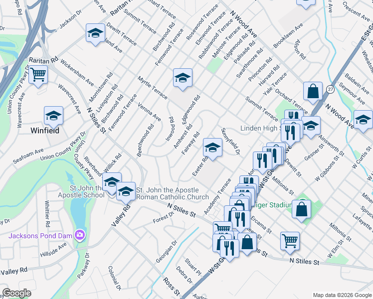 map of restaurants, bars, coffee shops, grocery stores, and more near 622 Princeton Road in Linden