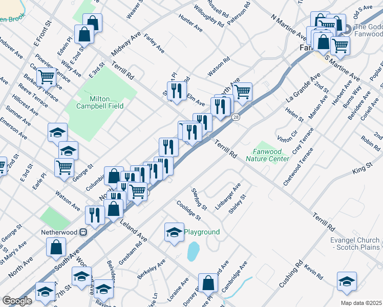 map of restaurants, bars, coffee shops, grocery stores, and more near 1424 South Avenue in Plainfield