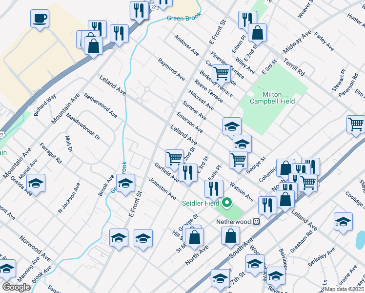 map of restaurants, bars, coffee shops, grocery stores, and more near 135 Netherwood Avenue in Plainfield