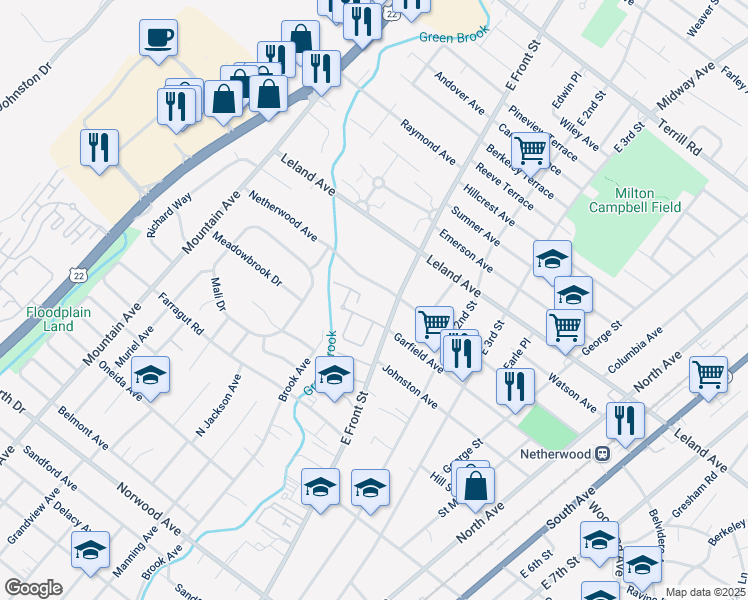 map of restaurants, bars, coffee shops, grocery stores, and more near 955 East Front Street in Plainfield
