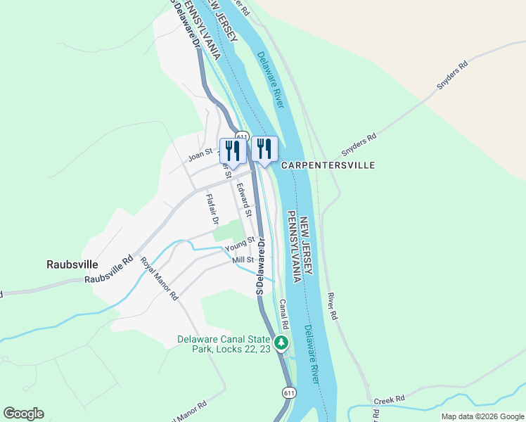 map of restaurants, bars, coffee shops, grocery stores, and more near 109 Canal Road in Northampton County