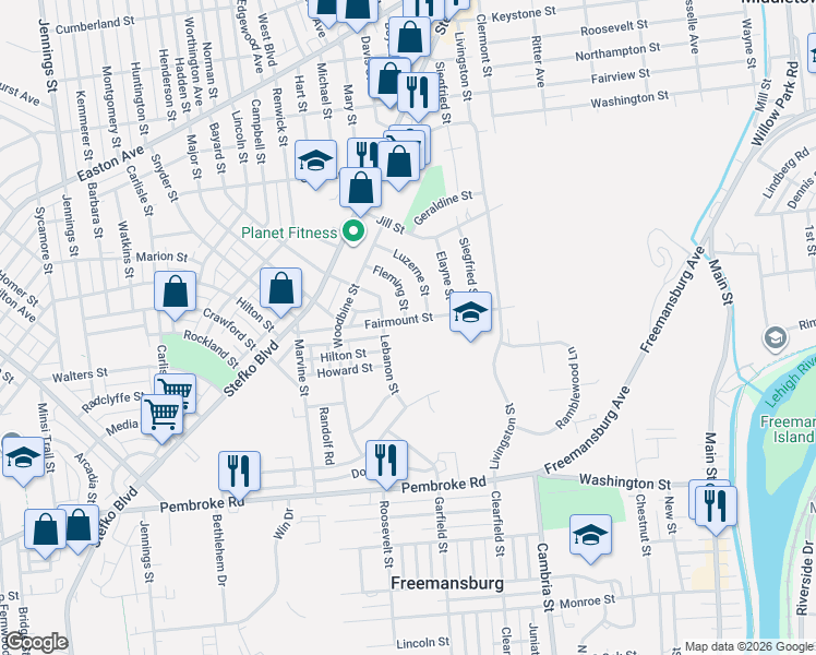 map of restaurants, bars, coffee shops, grocery stores, and more near 1405 Lebanon Street in Bethlehem