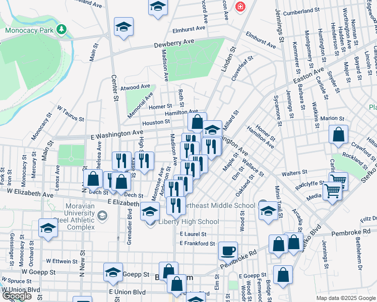 map of restaurants, bars, coffee shops, grocery stores, and more near 1444 Woodlawn Avenue in Bethlehem