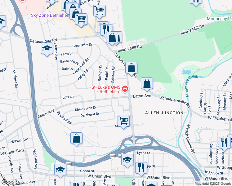 map of restaurants, bars, coffee shops, grocery stores, and more near 1107 Eaton Avenue in Bethlehem