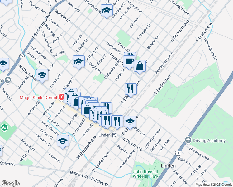 map of restaurants, bars, coffee shops, grocery stores, and more near East Price Street in Linden