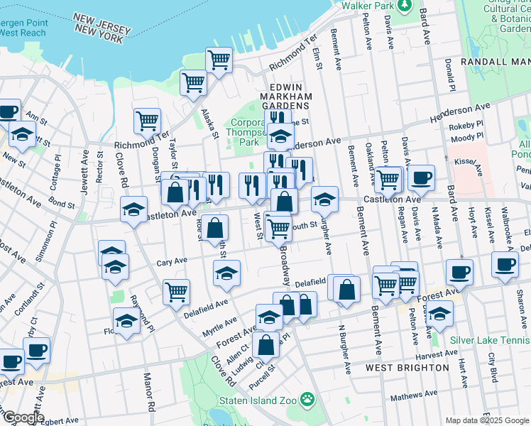 map of restaurants, bars, coffee shops, grocery stores, and more near 25 West Street in Staten Island