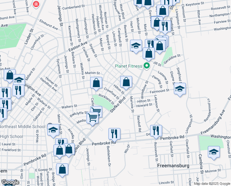 map of restaurants, bars, coffee shops, grocery stores, and more near 1038 Crawford Street in Bethlehem