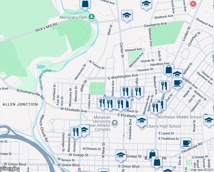 map of restaurants, bars, coffee shops, grocery stores, and more near 1516 North New Street in Bethlehem