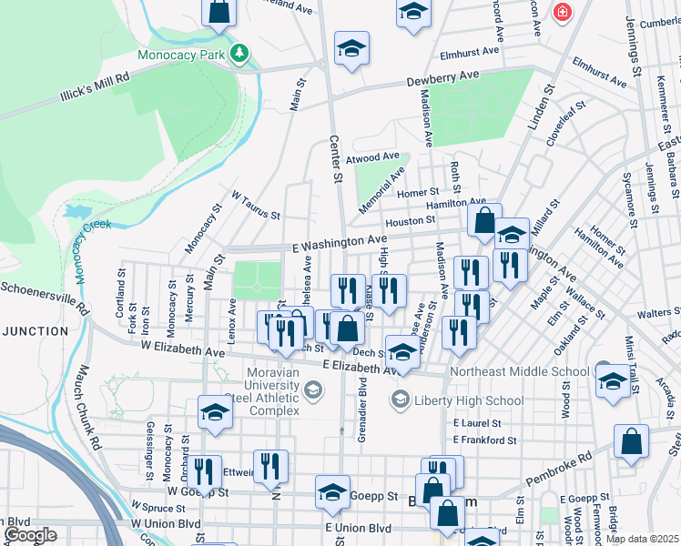 map of restaurants, bars, coffee shops, grocery stores, and more near 1519 Center Street in Bethlehem