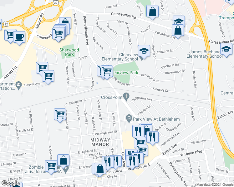 map of restaurants, bars, coffee shops, grocery stores, and more near 1499 Pennsylvania Avenue in Bethlehem