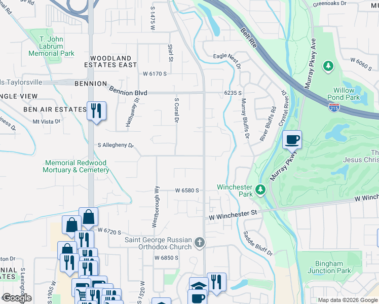 map of restaurants, bars, coffee shops, grocery stores, and more near 1337 South Bluemont Drive in Taylorsville