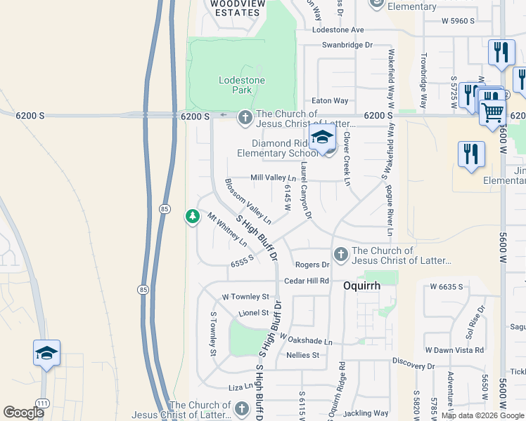 map of restaurants, bars, coffee shops, grocery stores, and more near 6487 South High Bluff Drive in West Valley City